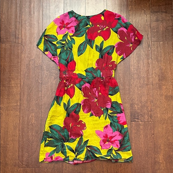 Zara Vibrant Chartreuse Hibiscus Floral Linen Mini Dress, Size XS - Picture 11 of 16